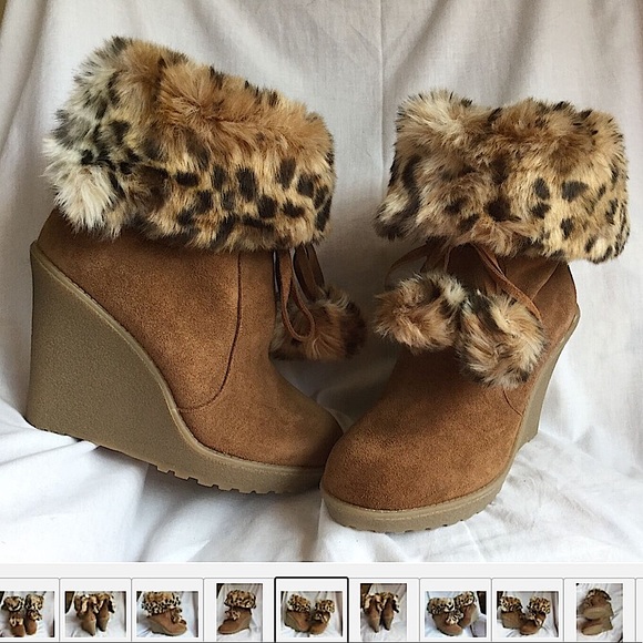 Vintage Colin Stuart LEOPARD Fur Top Booties Pom Pom Ties Wedge Heel Tan 6.5 - Picture 6 of 11